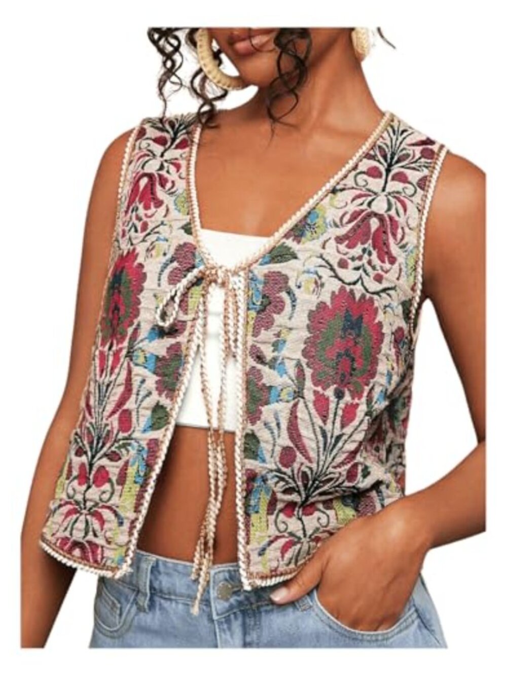GORGLITTER Floral Tie Front Sleeveless Cardigan Vest Boho Western Trendy